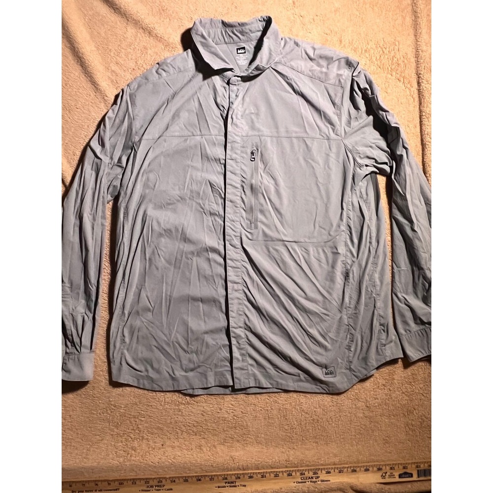 REI Men XL Gray Snap‎ Button Up Zip Pocket Lightweight Nylon Vented Outdoor Work